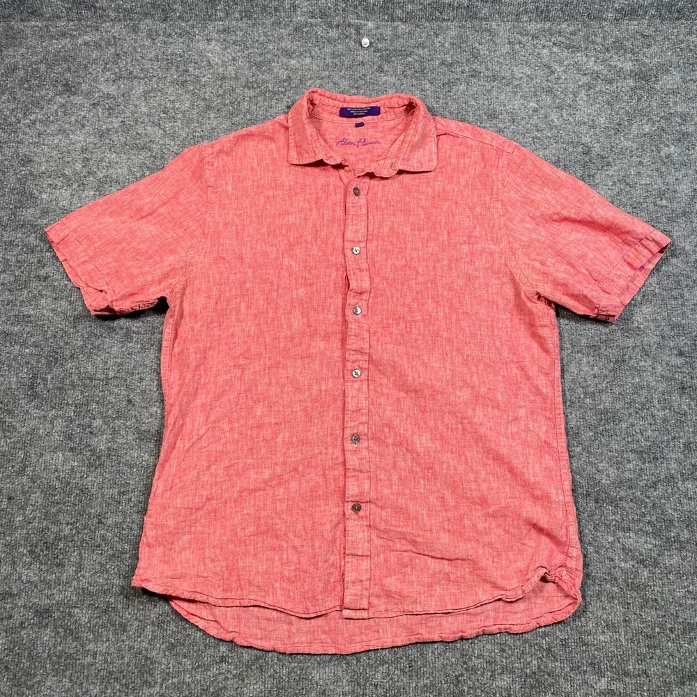 Alan Flusser Mens Medium Red Linen Cotton Blend Short Sleeve Button Down Shirt